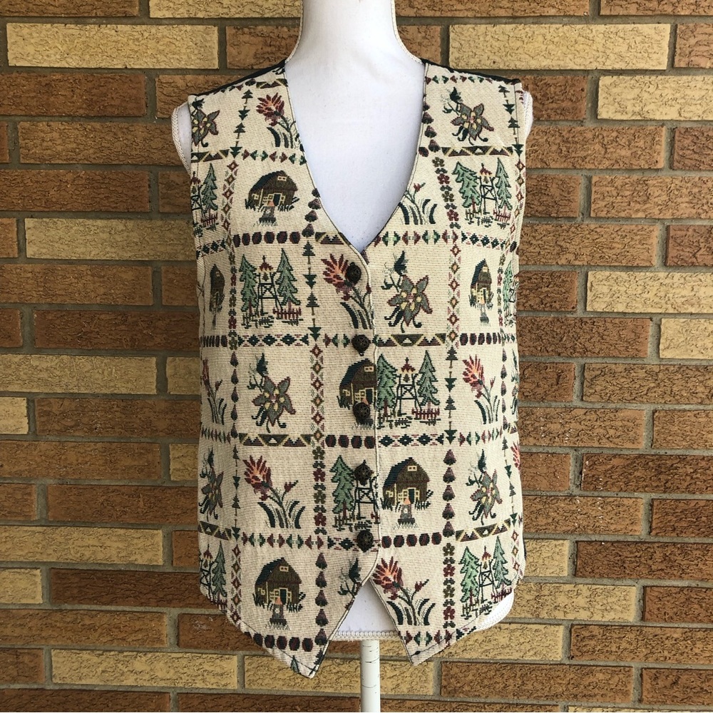 90's Bobbie Brooks Tapestry Vest Size M Country Folk Prairie Beige Green Satin